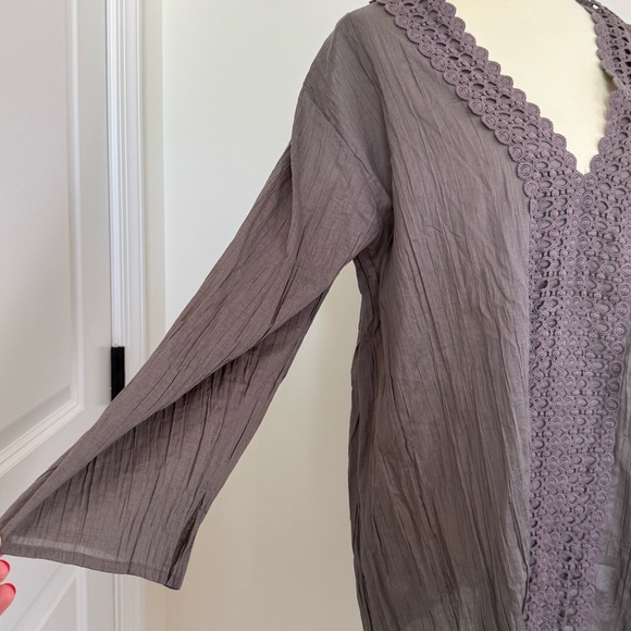 Garnet Hill XL Gauzy Swim Coverup Eyelet Taupe 3/4 Sleeve Boat Summer Resortwear - Picture 3 of 10